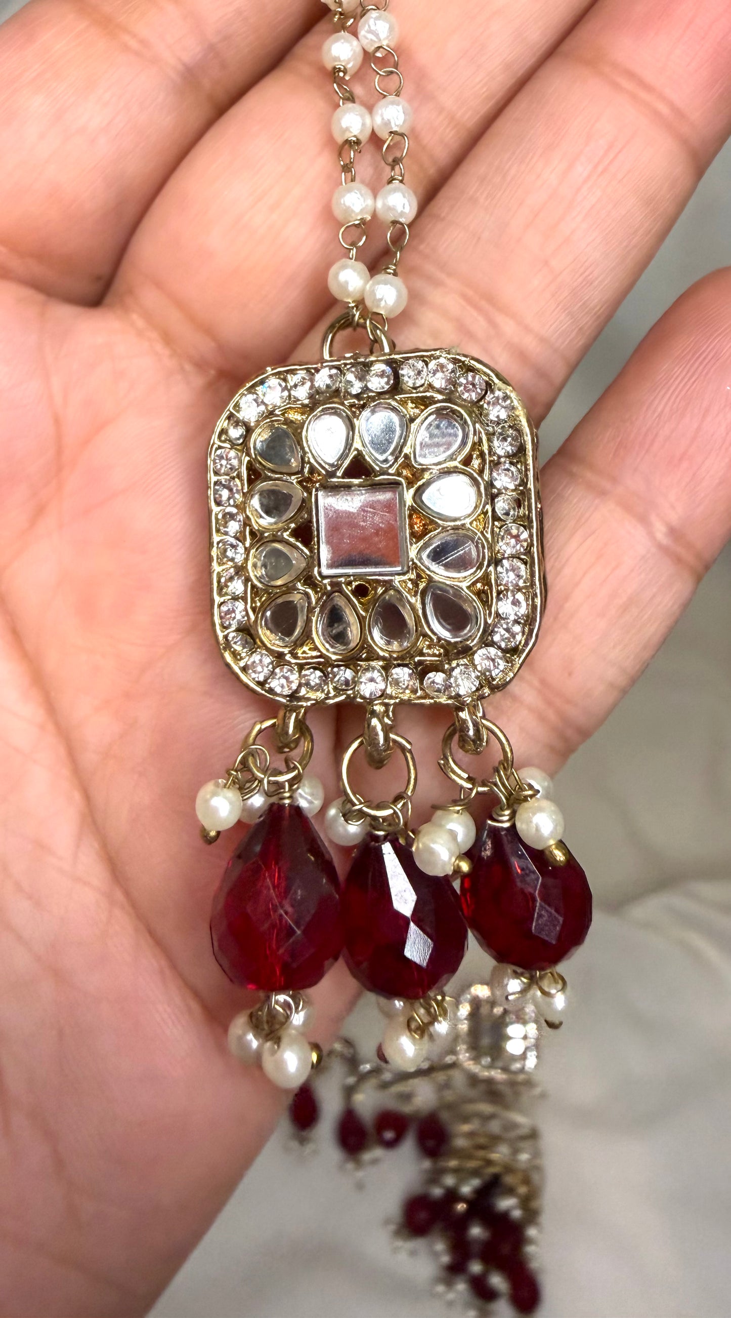 Maroon Bahubali Style Jhumka Tikka Set Beaded