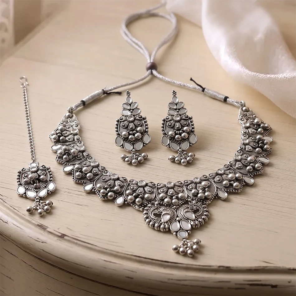 Oxidised Silver Choker Necklace Set with Maangtikka