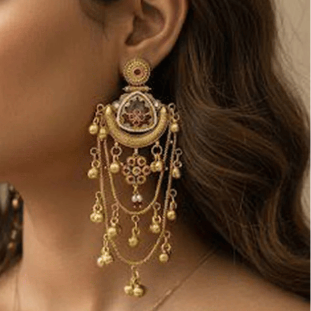 Pota Stone Kashmiri Ghungroo Earrings Dark Reddish Pink
