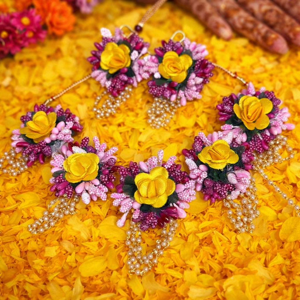 Pink and Yellow Mehndi Necklace Set 5 pc