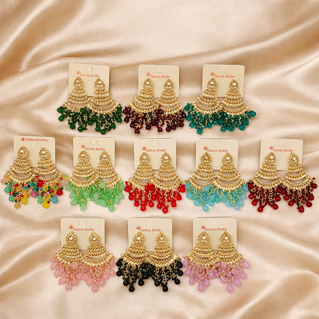 Long Bead Kundan Style Earrings- Multiple Colors Available