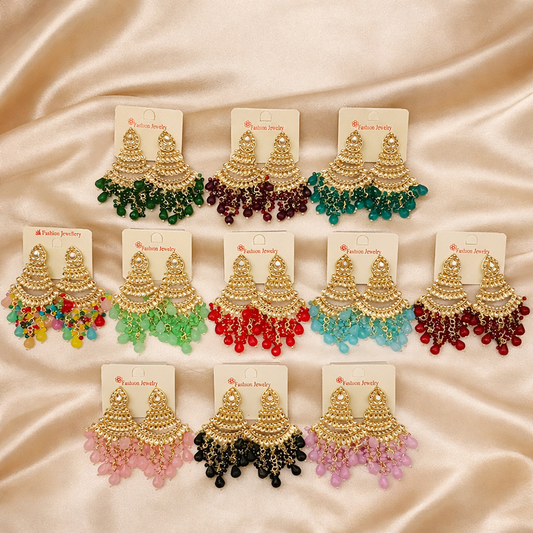 Long Bead Kundan Style Earrings- Multiple Colors Available