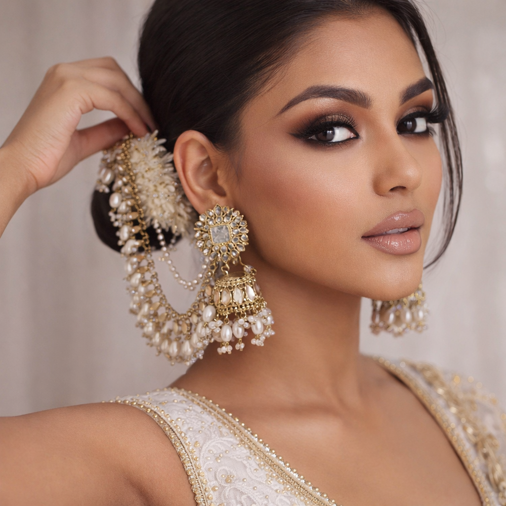 Mirror work jhumka with ear chain and maang tikka 3 pc set