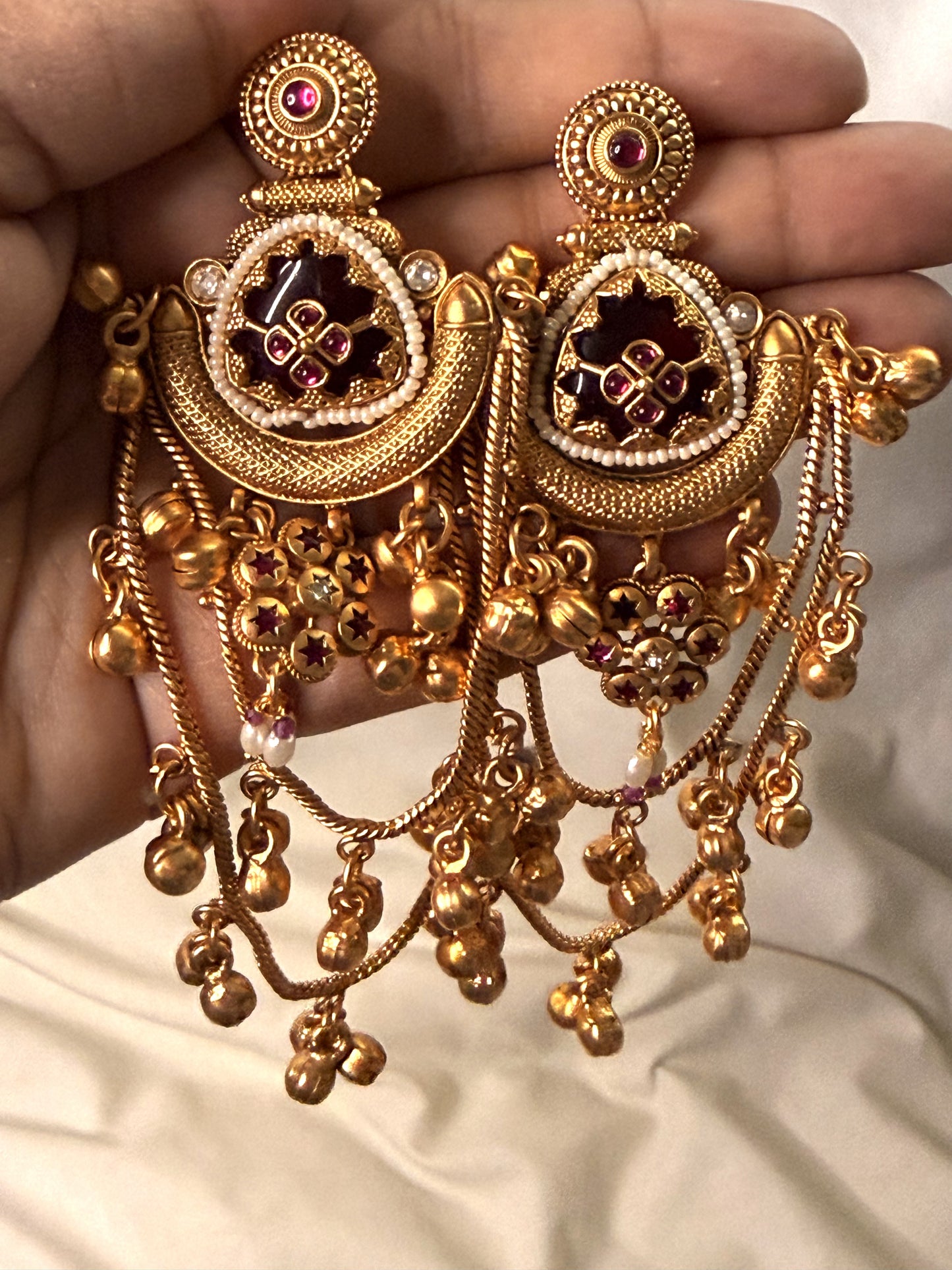 Pota Stone Kashmiri Ghungroo Earrings Dark Reddish Pink