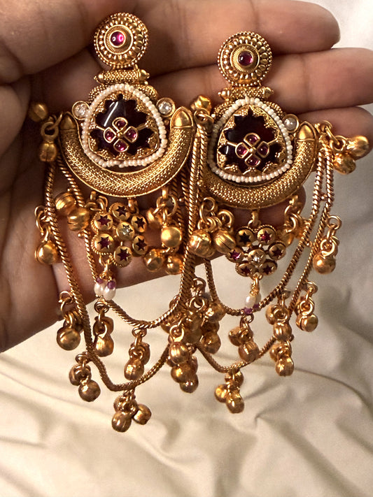 Pota Stone Kashmiri Ghungroo Earrings Dark Reddish Pink