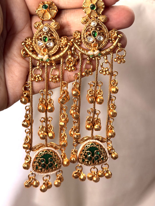 Pota Stone Kashmiri Style Ghungroo Earrings Green