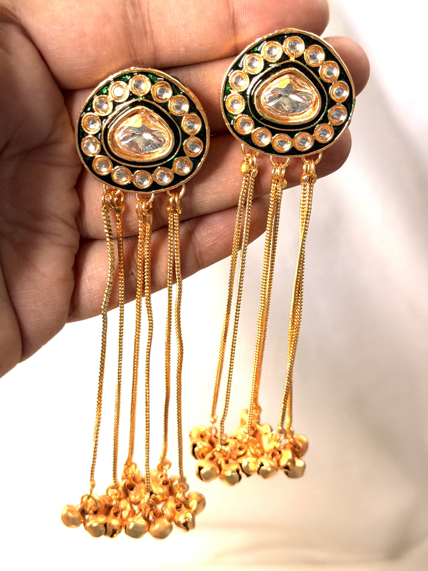 Royal Kundan and Meenakari Ghungroo Long earring Green