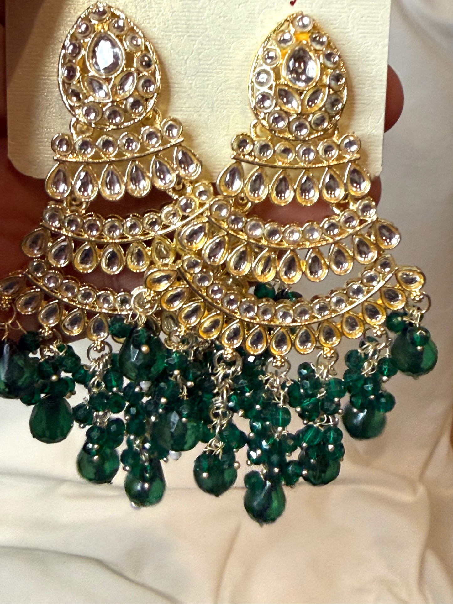 Long Bead Kundan Style Earrings- Multiple Colors Available