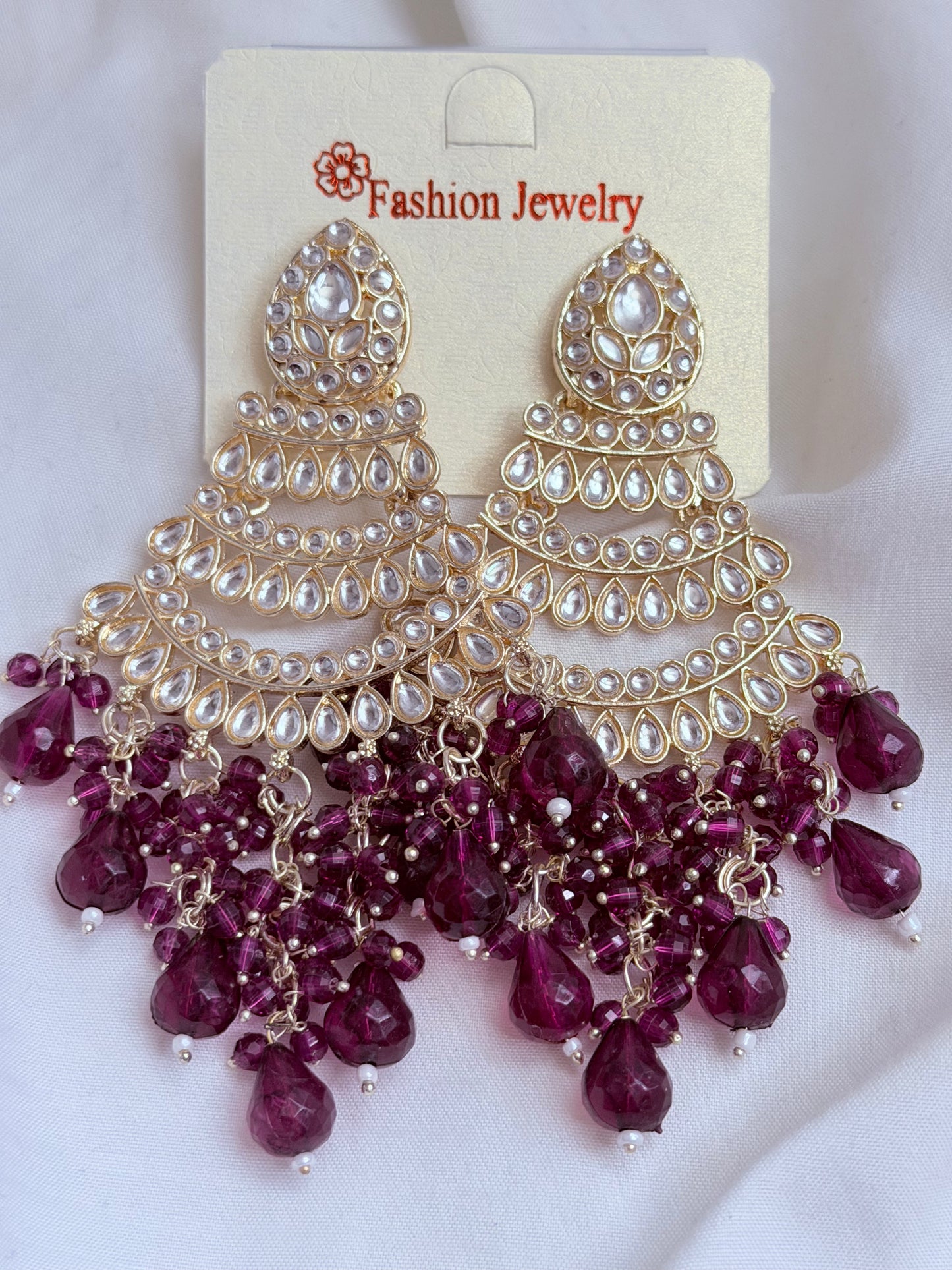 Long Bead Kundan Style Earrings- Multiple Colors Available