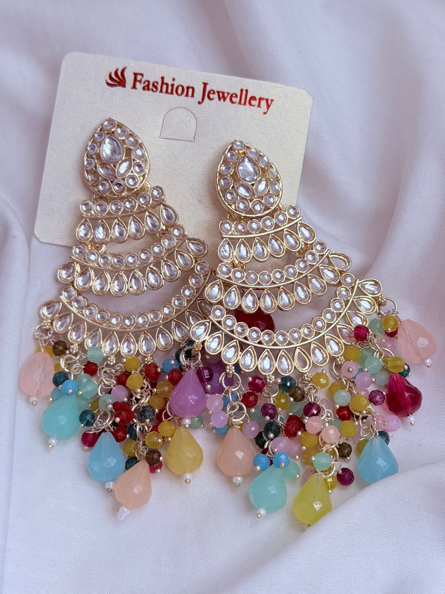 Long Bead Kundan Style Earrings- Multiple Colors Available