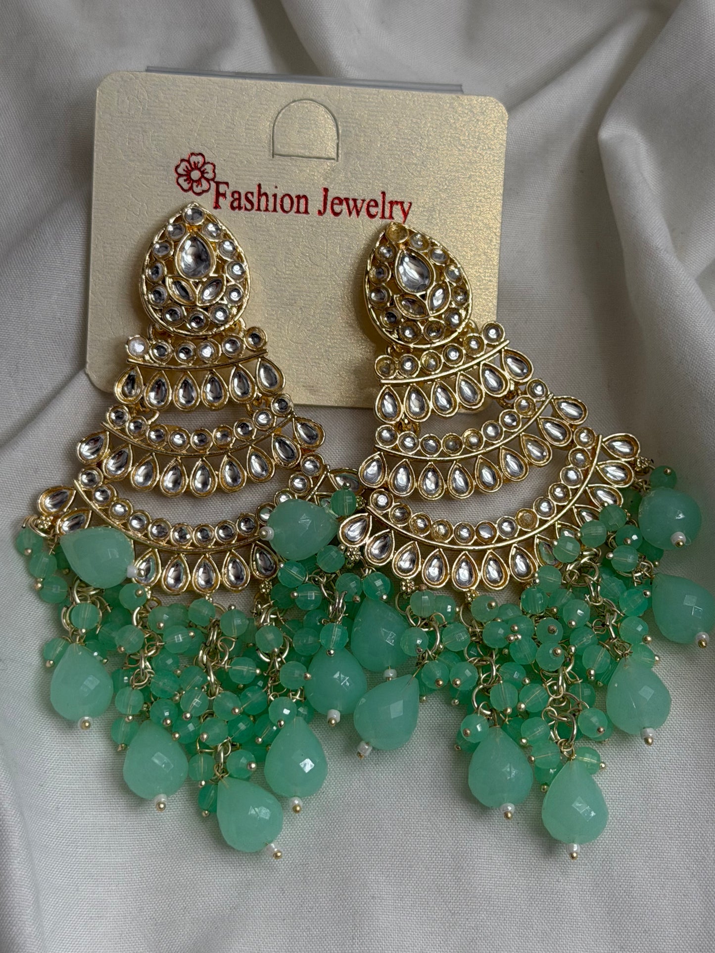 Long Bead Kundan Style Earrings- Multiple Colors Available