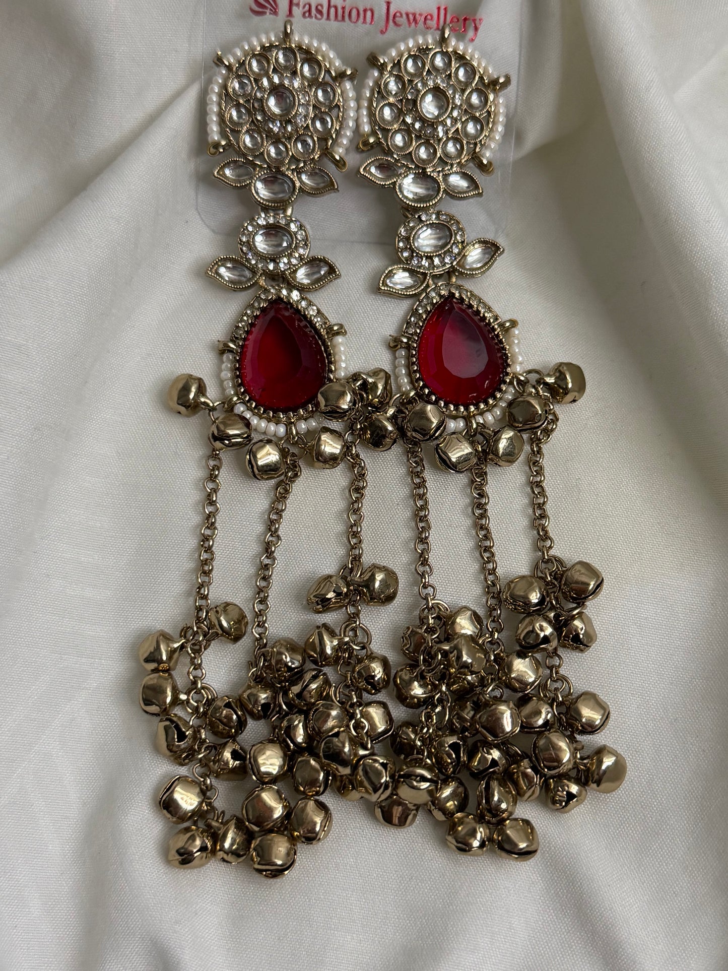 Ruby Red Kashmiri Antique Gold Ghungroo Earring