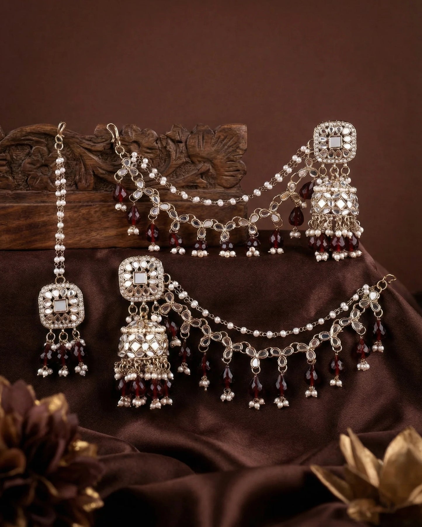 Maroon Bahubali Style Jhumka Tikka Set Beaded