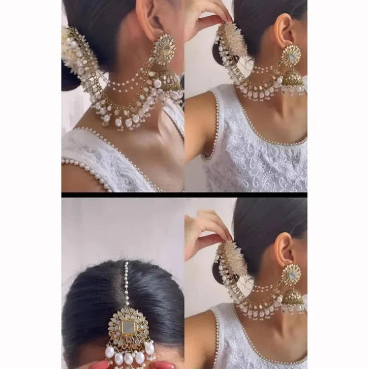 Mirror work jhumka with ear chain and maang tikka 3 pc set