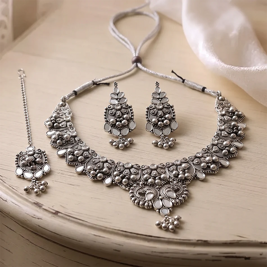 Oxidised Silver Choker Necklace Set with Maangtikka