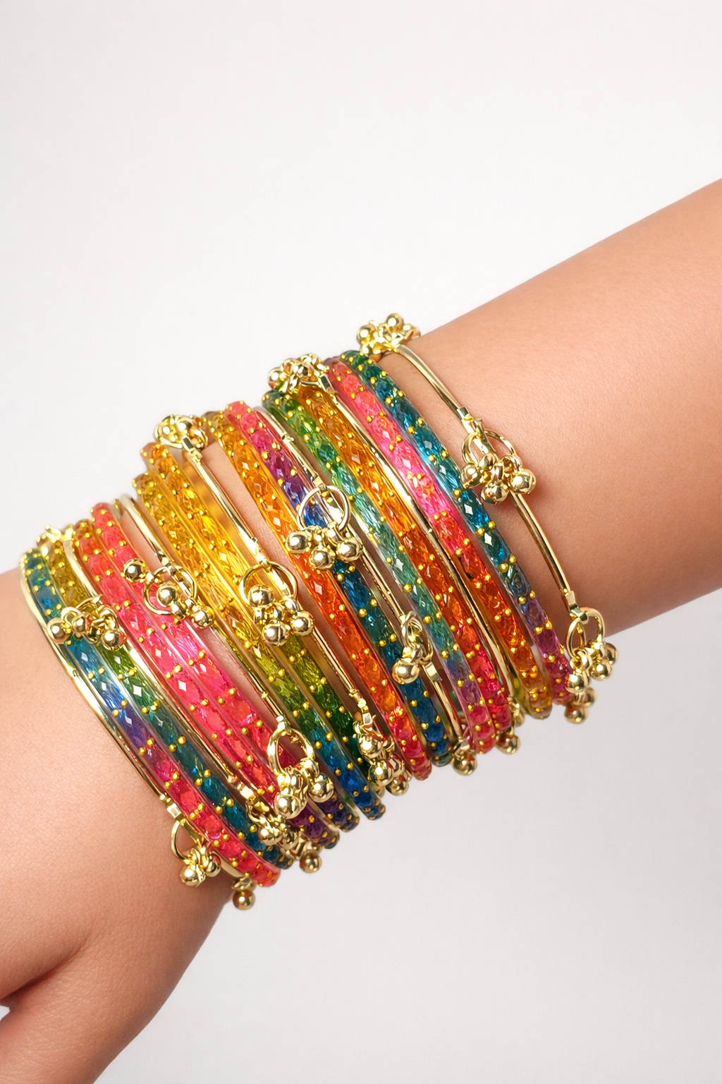 Raindrop Kashmiri Glass Ghungroo Bangles- Multi (Gold or Silver)