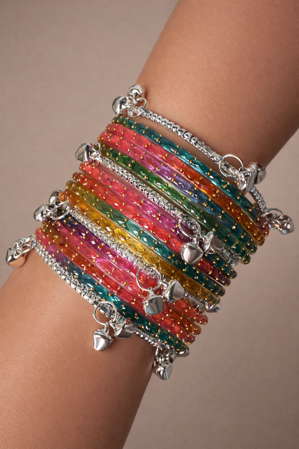Raindrop Kashmiri Glass Ghungroo Bangles- Multi (Gold or Silver)