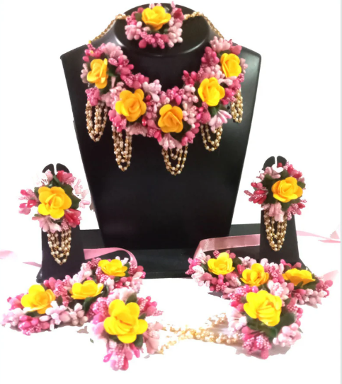 Pink and Yellow Mehndi Necklace Set 5 pc
